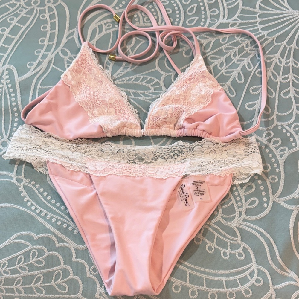 Pink Lace-Trim Bralette and Bikini Set - Beach Bunny